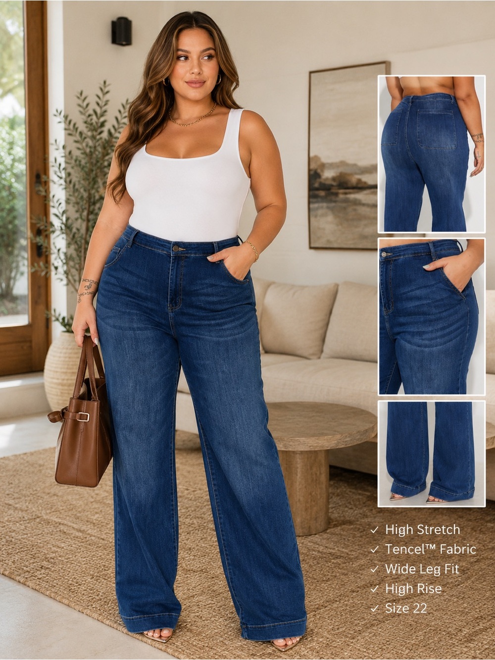 Fashion Nova Margot Stretch Trouser Jeans Dark Wash Size 22 NWT Wide Leg Tencel